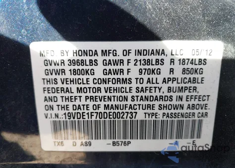 2013 Acura Ilx 2.0L from USA, damaged, VIN 19VDE1F70DE002737